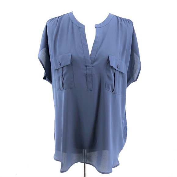 INC International Concepts Tops - INC Blue Notched Collar Short Sleeve Blouse Top